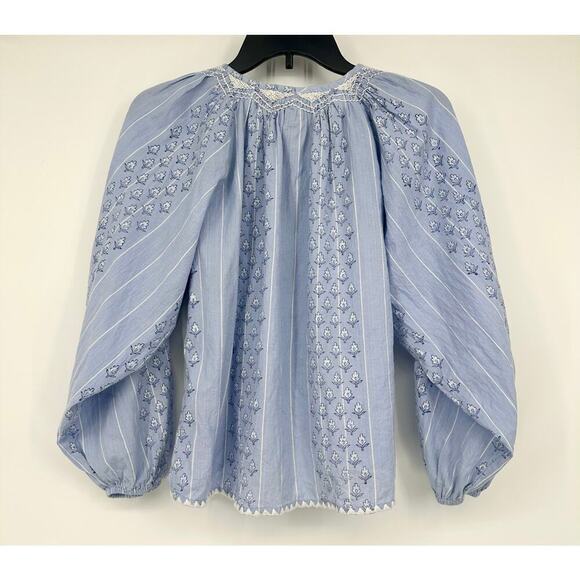 SAYLOR embroidered smocked neckline Julissa Peasant Top Size XS blue floral - Picture 2 of 9